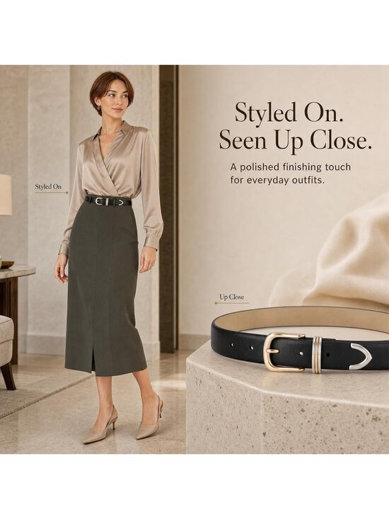 Women Gold Sliver Leather Dress Belt Jeans Pant Fashion With Classic Gold Buckle